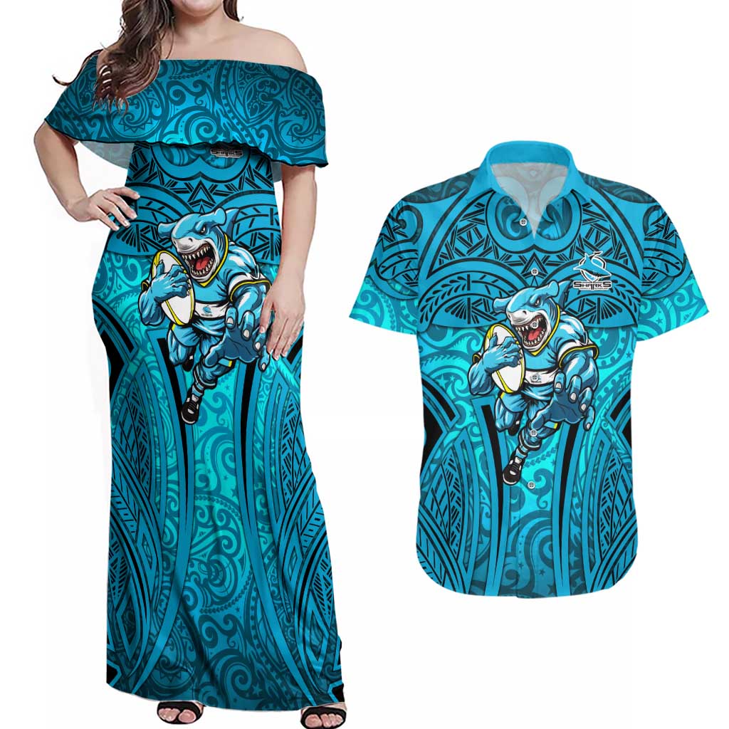 Cronulla Sutherland Sharks Rugby Couples Matching Off Shoulder Maxi Dress and Hawaiian Shirt Polynesian Tribal Shark Warrior Ocean Blue Pattern