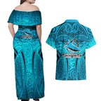 Cronulla Sutherland Sharks Rugby Couples Matching Off Shoulder Maxi Dress and Hawaiian Shirt Polynesian Tribal Shark Warrior Ocean Blue Pattern