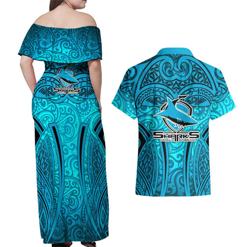 Cronulla Sutherland Sharks Rugby Couples Matching Off Shoulder Maxi Dress and Hawaiian Shirt Polynesian Tribal Shark Warrior Ocean Blue Pattern