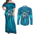 Cronulla Sutherland Sharks Rugby Couples Matching Off Shoulder Maxi Dress and Long Sleeve Button Shirt Polynesian Tribal Shark Warrior Ocean Blue Pattern