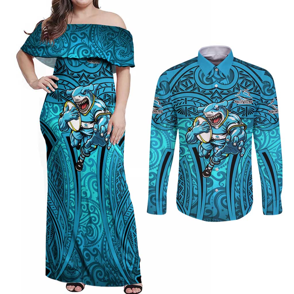 Cronulla Sutherland Sharks Rugby Couples Matching Off Shoulder Maxi Dress and Long Sleeve Button Shirt Polynesian Tribal Shark Warrior Ocean Blue Pattern
