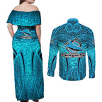 Cronulla Sutherland Sharks Rugby Couples Matching Off Shoulder Maxi Dress and Long Sleeve Button Shirt Polynesian Tribal Shark Warrior Ocean Blue Pattern