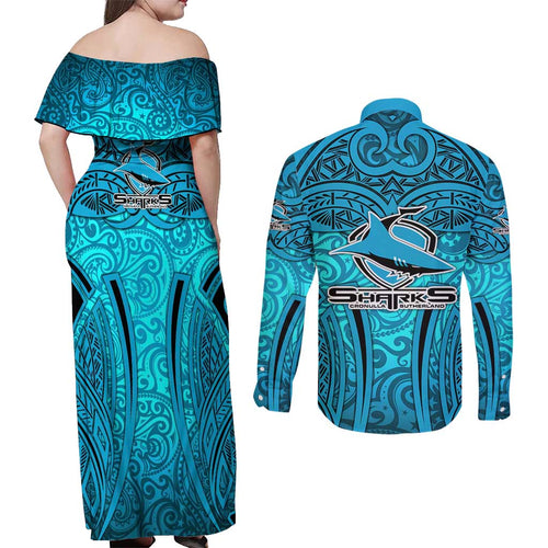 Cronulla Sutherland Sharks Rugby Couples Matching Off Shoulder Maxi Dress and Long Sleeve Button Shirt Polynesian Tribal Shark Warrior Ocean Blue Pattern