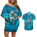 Cronulla Sutherland Sharks Rugby Couples Matching Off Shoulder Short Dress and Hawaiian Shirt Polynesian Tribal Shark Warrior Ocean Blue Pattern