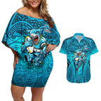 Cronulla Sutherland Sharks Rugby Couples Matching Off Shoulder Short Dress and Hawaiian Shirt Polynesian Tribal Shark Warrior Ocean Blue Pattern