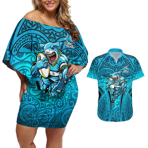 Cronulla Sutherland Sharks Rugby Couples Matching Off Shoulder Short Dress and Hawaiian Shirt Polynesian Tribal Shark Warrior Ocean Blue Pattern