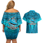 Cronulla Sutherland Sharks Rugby Couples Matching Off Shoulder Short Dress and Hawaiian Shirt Polynesian Tribal Shark Warrior Ocean Blue Pattern