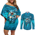 Cronulla Sutherland Sharks Rugby Couples Matching Off Shoulder Short Dress and Long Sleeve Button Shirt Polynesian Tribal Shark Warrior Ocean Blue Pattern
