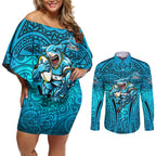 Cronulla Sutherland Sharks Rugby Couples Matching Off Shoulder Short Dress and Long Sleeve Button Shirt Polynesian Tribal Shark Warrior Ocean Blue Pattern