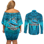 Cronulla Sutherland Sharks Rugby Couples Matching Off Shoulder Short Dress and Long Sleeve Button Shirt Polynesian Tribal Shark Warrior Ocean Blue Pattern