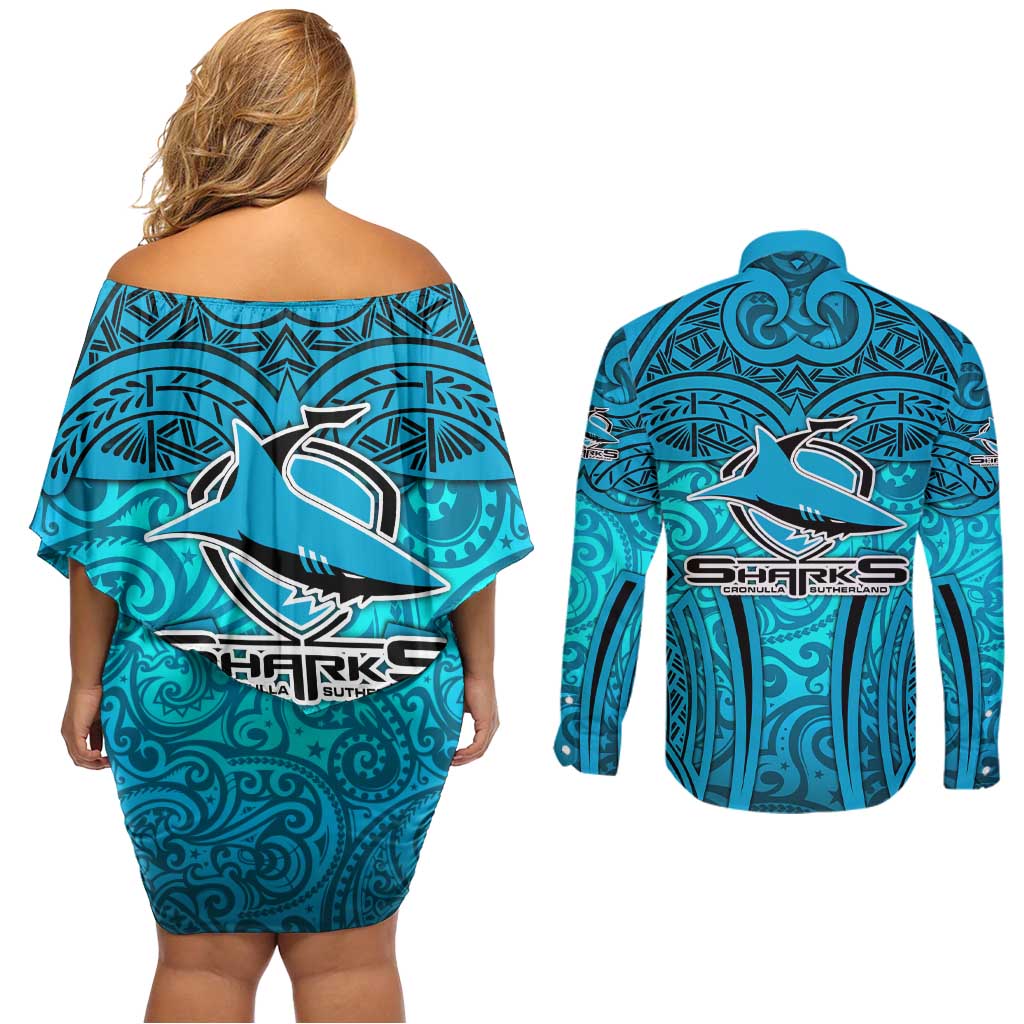 Cronulla Sutherland Sharks Rugby Couples Matching Off Shoulder Short Dress and Long Sleeve Button Shirt Polynesian Tribal Shark Warrior Ocean Blue Pattern
