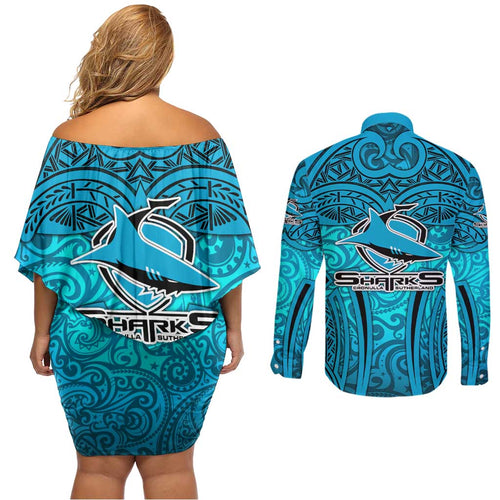 Cronulla Sutherland Sharks Rugby Couples Matching Off Shoulder Short Dress and Long Sleeve Button Shirt Polynesian Tribal Shark Warrior Ocean Blue Pattern
