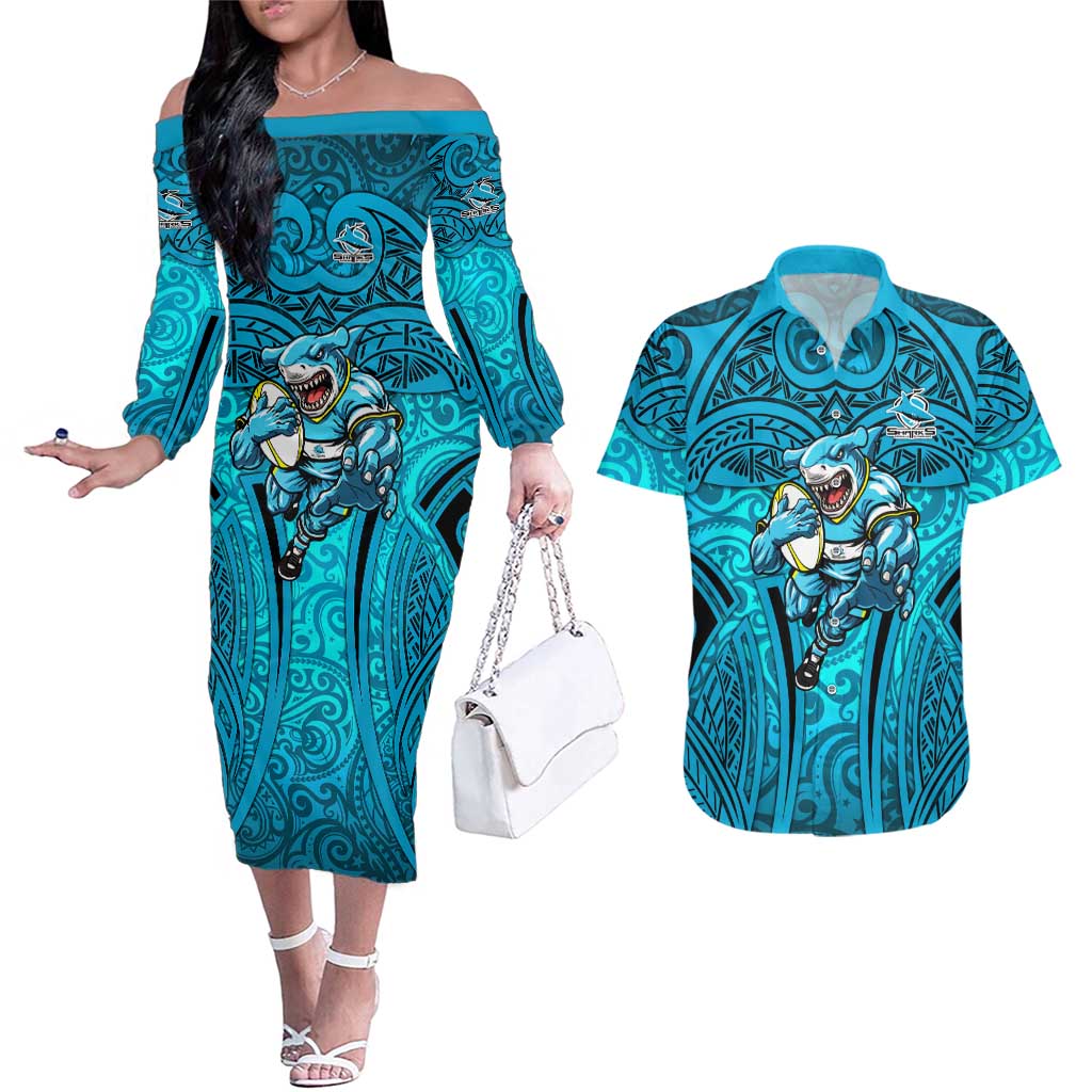 Cronulla Sutherland Sharks Rugby Couples Matching Off The Shoulder Long Sleeve Dress and Hawaiian Shirt Polynesian Tribal Shark Warrior Ocean Blue Pattern