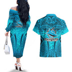 Cronulla Sutherland Sharks Rugby Couples Matching Off The Shoulder Long Sleeve Dress and Hawaiian Shirt Polynesian Tribal Shark Warrior Ocean Blue Pattern