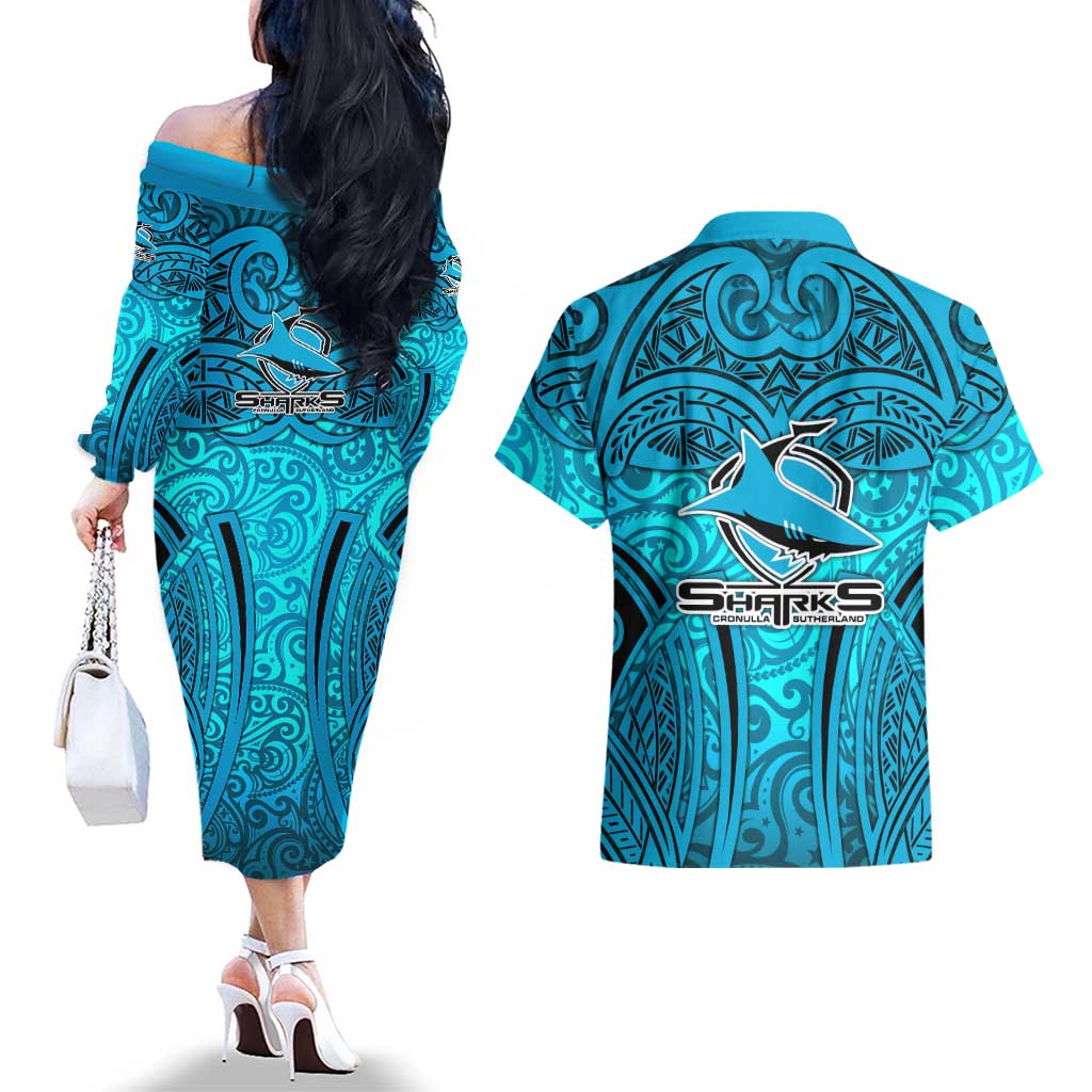 Cronulla Sutherland Sharks Rugby Couples Matching Off The Shoulder Long Sleeve Dress and Hawaiian Shirt Polynesian Tribal Shark Warrior Ocean Blue Pattern