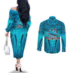 Cronulla Sutherland Sharks Rugby Couples Matching Off The Shoulder Long Sleeve Dress and Long Sleeve Button Shirt Polynesian Tribal Shark Warrior Ocean Blue Pattern