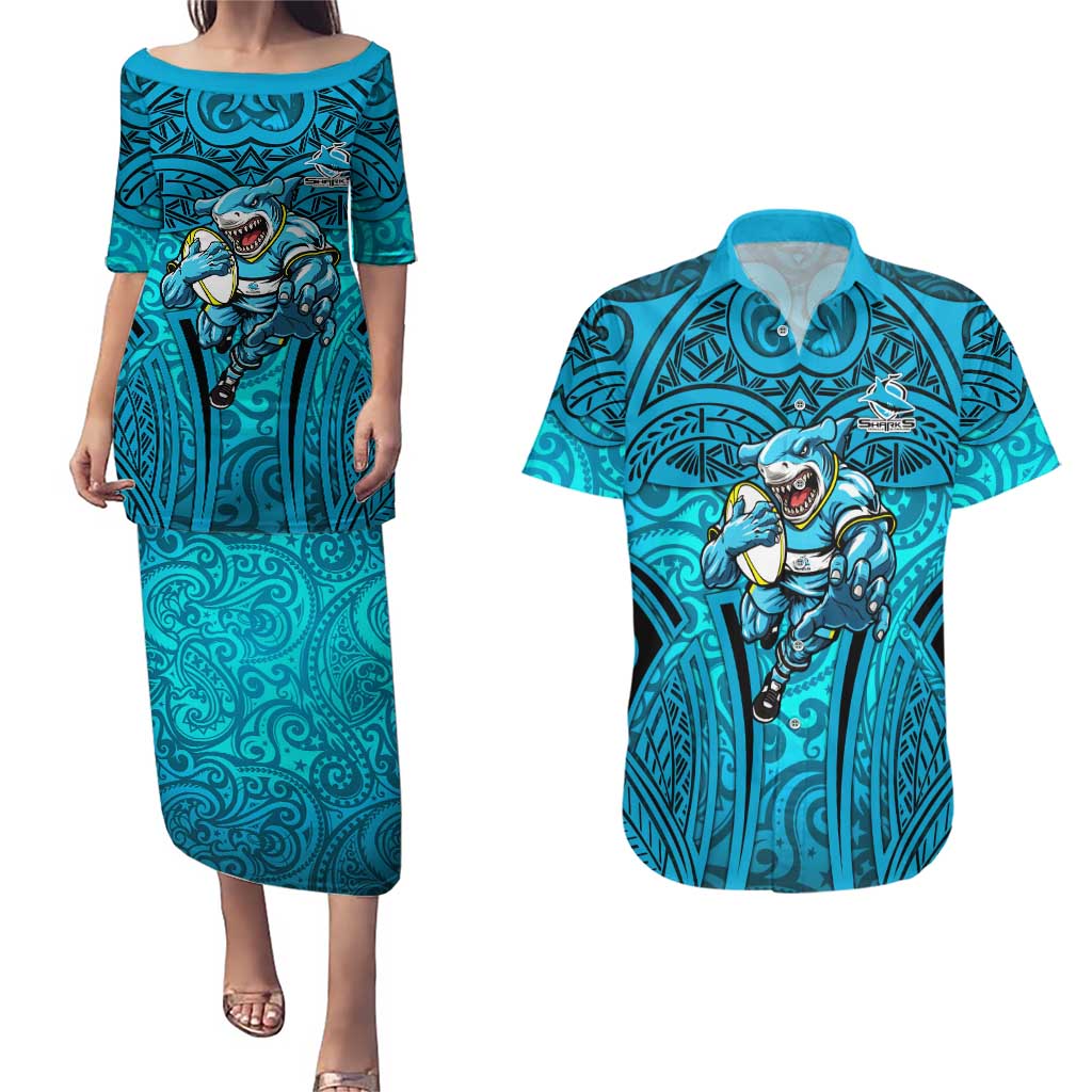 Cronulla Sutherland Sharks Rugby Couples Matching Puletasi and Hawaiian Shirt Polynesian Tribal Shark Warrior Ocean Blue Pattern