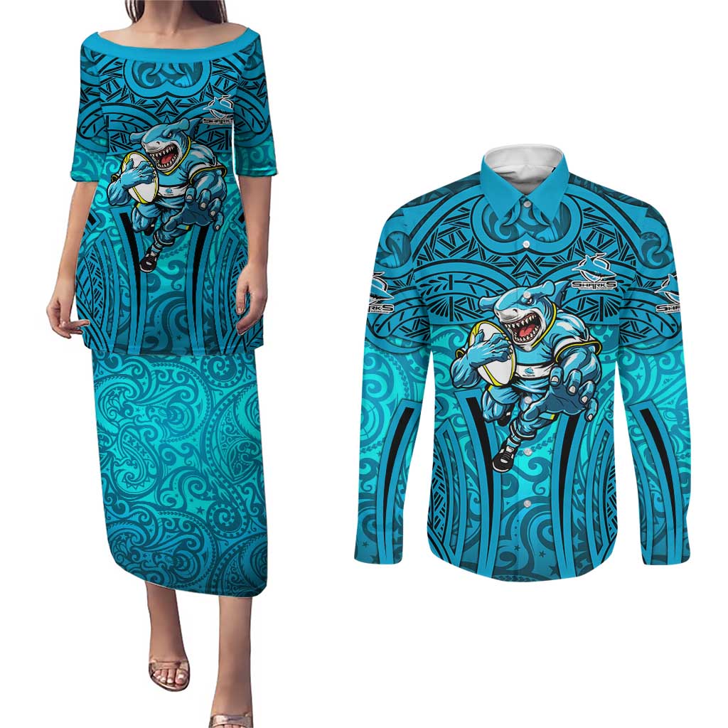 Cronulla Sutherland Sharks Rugby Couples Matching Puletasi and Long Sleeve Button Shirt Polynesian Tribal Shark Warrior Ocean Blue Pattern
