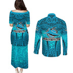 Cronulla Sutherland Sharks Rugby Couples Matching Puletasi and Long Sleeve Button Shirt Polynesian Tribal Shark Warrior Ocean Blue Pattern