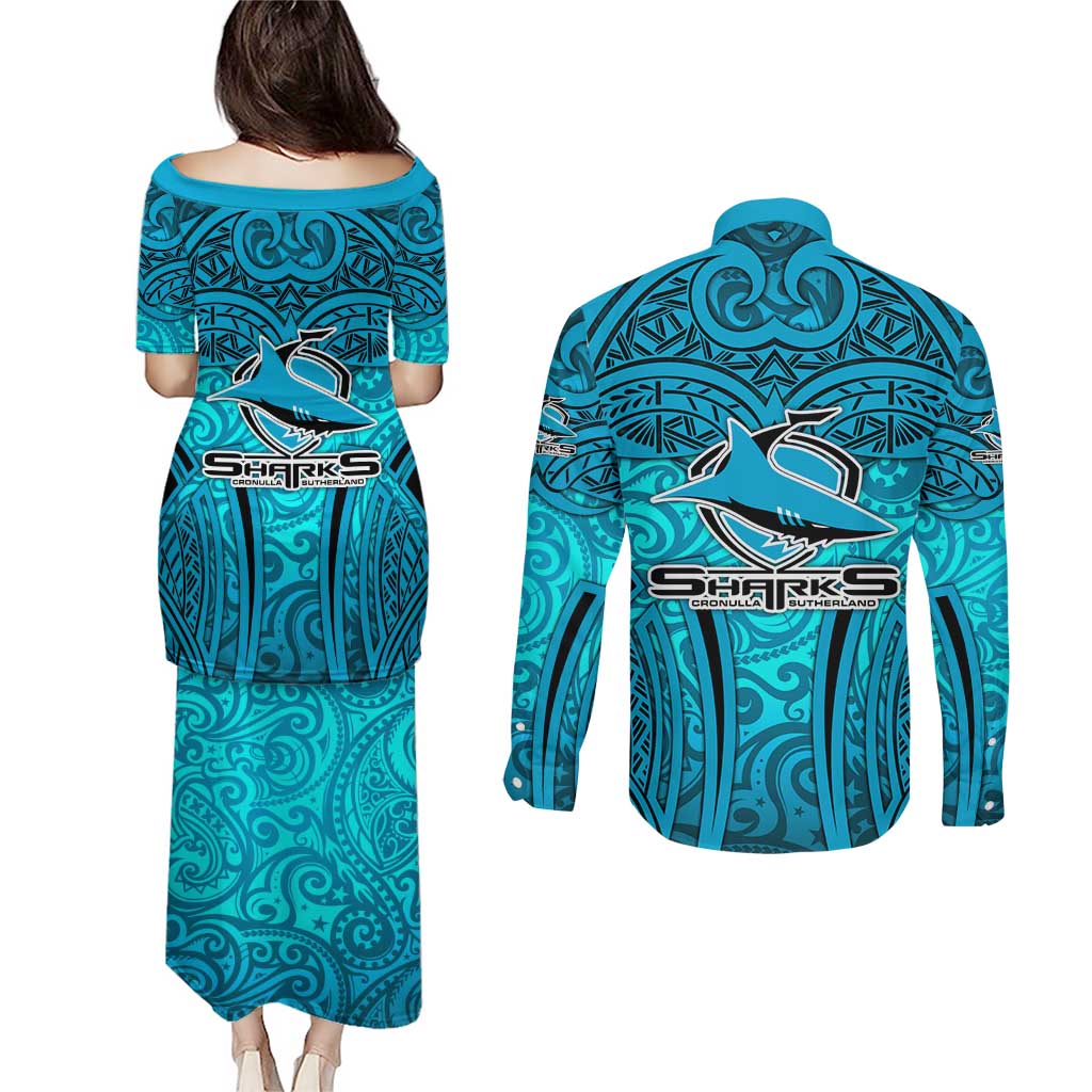 Cronulla Sutherland Sharks Rugby Couples Matching Puletasi and Long Sleeve Button Shirt Polynesian Tribal Shark Warrior Ocean Blue Pattern