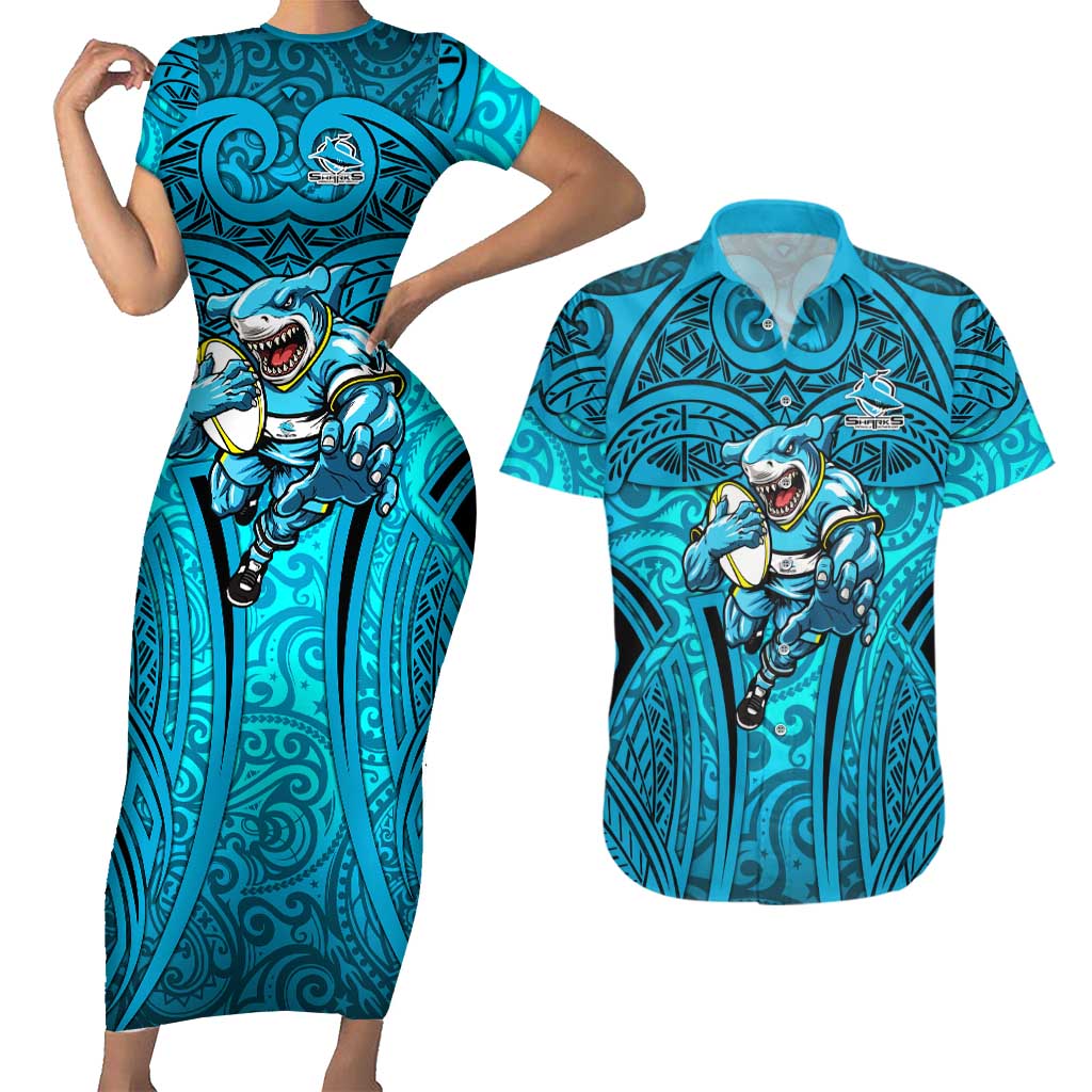 Cronulla Sutherland Sharks Rugby Couples Matching Short Sleeve Bodycon Dress and Hawaiian Shirt Polynesian Tribal Shark Warrior Ocean Blue Pattern