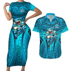 Cronulla Sutherland Sharks Rugby Couples Matching Short Sleeve Bodycon Dress and Hawaiian Shirt Polynesian Tribal Shark Warrior Ocean Blue Pattern