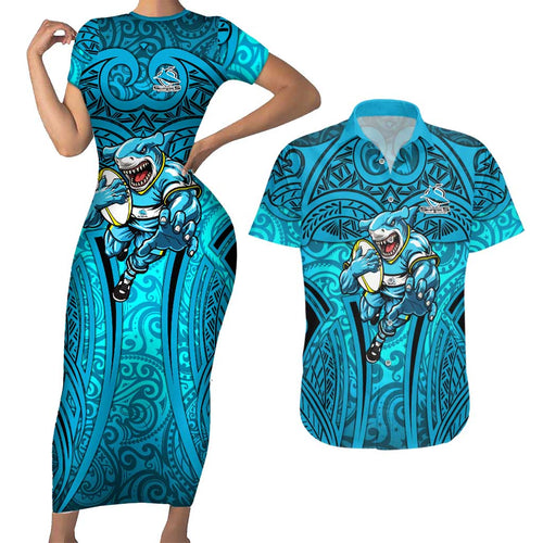 Cronulla Sutherland Sharks Rugby Couples Matching Short Sleeve Bodycon Dress and Hawaiian Shirt Polynesian Tribal Shark Warrior Ocean Blue Pattern