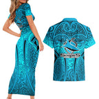 Cronulla Sutherland Sharks Rugby Couples Matching Short Sleeve Bodycon Dress and Hawaiian Shirt Polynesian Tribal Shark Warrior Ocean Blue Pattern