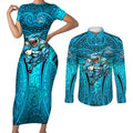 Cronulla Sutherland Sharks Rugby Couples Matching Short Sleeve Bodycon Dress and Long Sleeve Button Shirt Polynesian Tribal Shark Warrior Ocean Blue Pattern