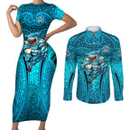 Cronulla Sutherland Sharks Rugby Couples Matching Short Sleeve Bodycon Dress and Long Sleeve Button Shirt Polynesian Tribal Shark Warrior Ocean Blue Pattern