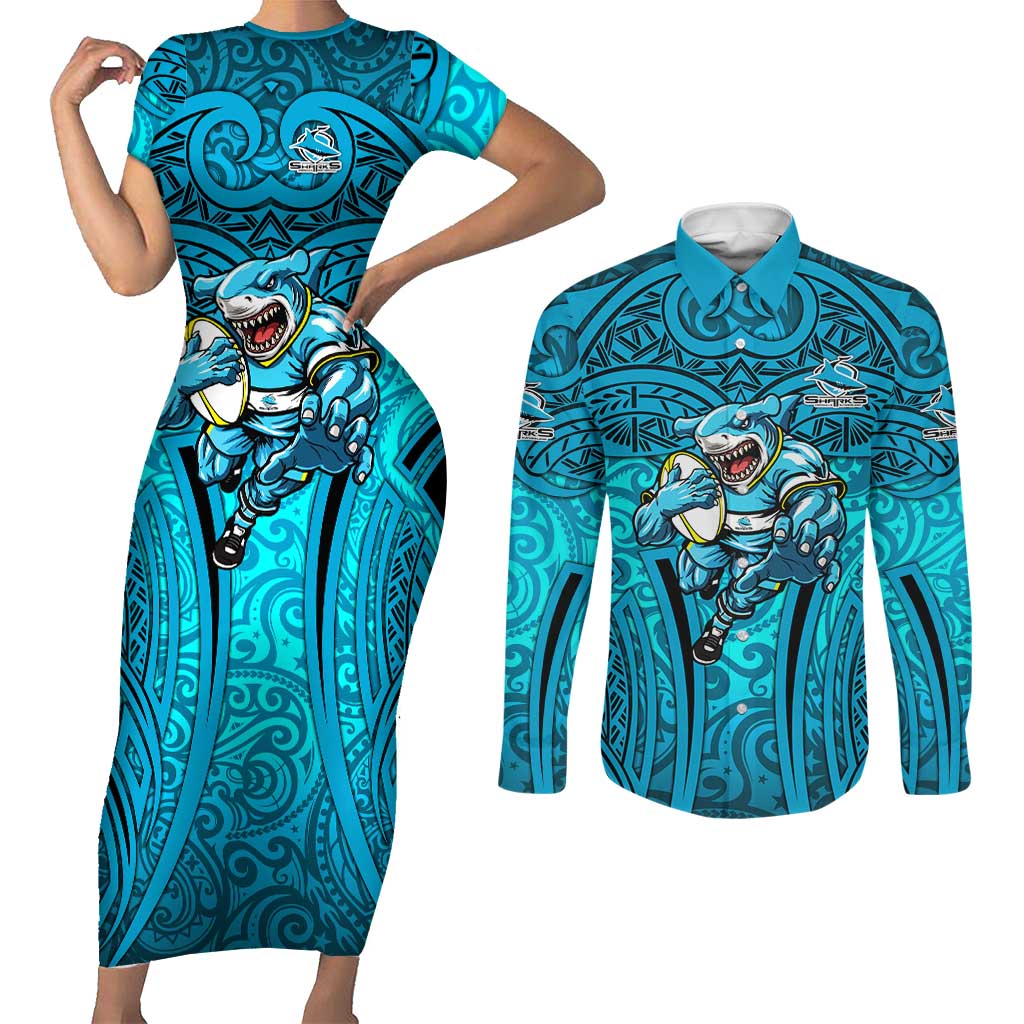 Cronulla Sutherland Sharks Rugby Couples Matching Short Sleeve Bodycon Dress and Long Sleeve Button Shirt Polynesian Tribal Shark Warrior Ocean Blue Pattern