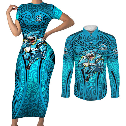 Cronulla Sutherland Sharks Rugby Couples Matching Short Sleeve Bodycon Dress and Long Sleeve Button Shirt Polynesian Tribal Shark Warrior Ocean Blue Pattern