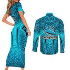 Cronulla Sutherland Sharks Rugby Couples Matching Short Sleeve Bodycon Dress and Long Sleeve Button Shirt Polynesian Tribal Shark Warrior Ocean Blue Pattern