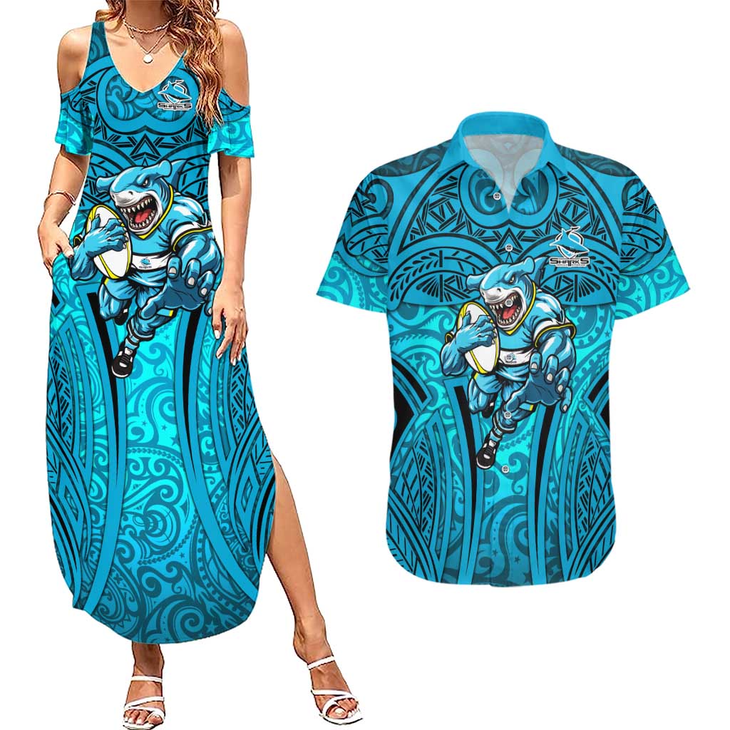 Cronulla Sutherland Sharks Rugby Couples Matching Summer Maxi Dress and Hawaiian Shirt Polynesian Tribal Shark Warrior Ocean Blue Pattern