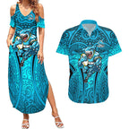 Cronulla Sutherland Sharks Rugby Couples Matching Summer Maxi Dress and Hawaiian Shirt Polynesian Tribal Shark Warrior Ocean Blue Pattern