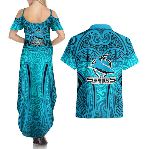 Cronulla Sutherland Sharks Rugby Couples Matching Summer Maxi Dress and Hawaiian Shirt Polynesian Tribal Shark Warrior Ocean Blue Pattern