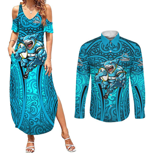 Cronulla Sutherland Sharks Rugby Couples Matching Summer Maxi Dress and Long Sleeve Button Shirt Polynesian Tribal Shark Warrior Ocean Blue Pattern