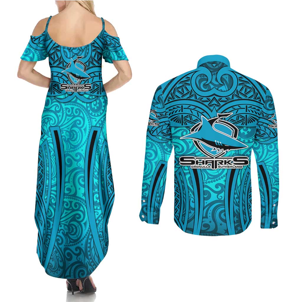 Cronulla Sutherland Sharks Rugby Couples Matching Summer Maxi Dress and Long Sleeve Button Shirt Polynesian Tribal Shark Warrior Ocean Blue Pattern