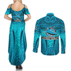 Cronulla Sutherland Sharks Rugby Couples Matching Summer Maxi Dress and Long Sleeve Button Shirt Polynesian Tribal Shark Warrior Ocean Blue Pattern