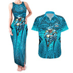 Cronulla Sutherland Sharks Rugby Couples Matching Tank Maxi Dress and Hawaiian Shirt Polynesian Tribal Shark Warrior Ocean Blue Pattern