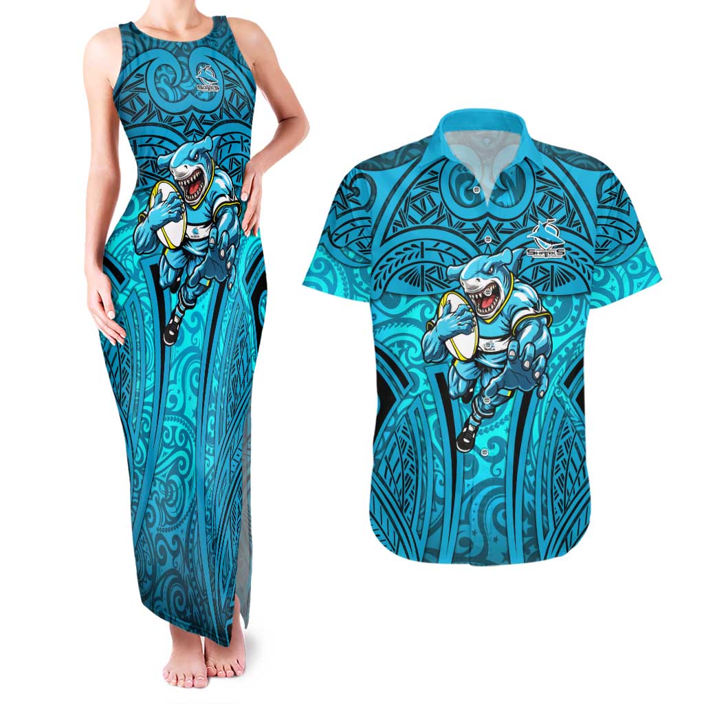 Cronulla Sutherland Sharks Rugby Couples Matching Tank Maxi Dress and Hawaiian Shirt Polynesian Tribal Shark Warrior Ocean Blue Pattern