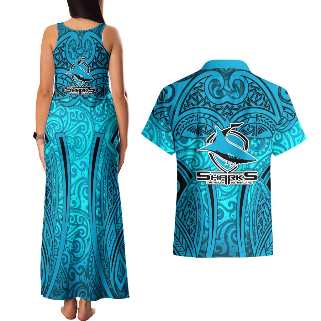 Cronulla Sutherland Sharks Rugby Couples Matching Tank Maxi Dress and Hawaiian Shirt Polynesian Tribal Shark Warrior Ocean Blue Pattern