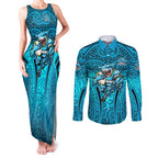 Cronulla Sutherland Sharks Rugby Couples Matching Tank Maxi Dress and Long Sleeve Button Shirt Polynesian Tribal Shark Warrior Ocean Blue Pattern