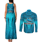Cronulla Sutherland Sharks Rugby Couples Matching Tank Maxi Dress and Long Sleeve Button Shirt Polynesian Tribal Shark Warrior Ocean Blue Pattern