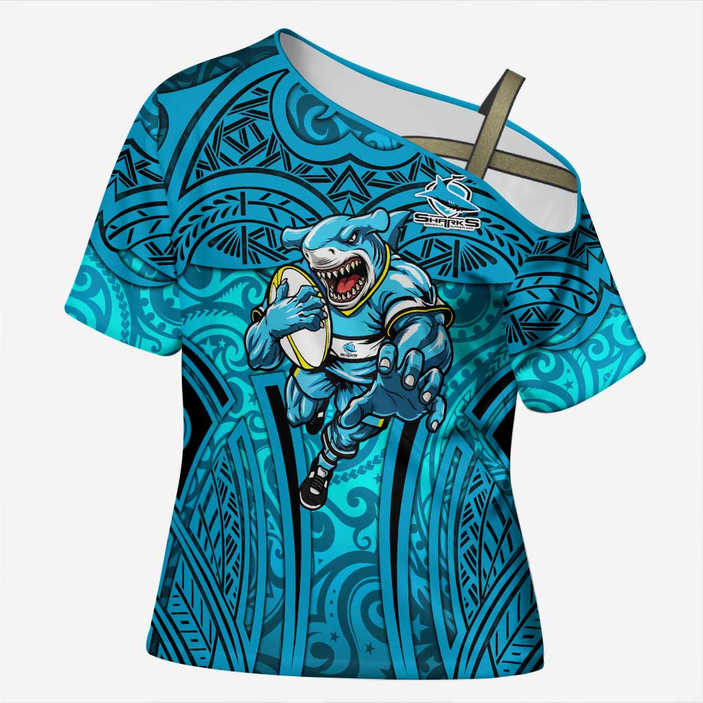 Cronulla Sutherland Sharks Rugby Cross Shoulder Shirt Polynesian Tribal Shark Warrior Ocean Blue Pattern