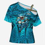 Cronulla Sutherland Sharks Rugby Cross Shoulder Shirt Polynesian Tribal Shark Warrior Ocean Blue Pattern