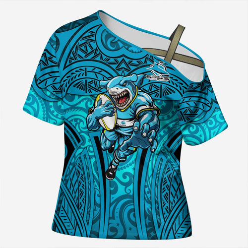 Cronulla Sutherland Sharks Rugby Cross Shoulder Shirt Polynesian Tribal Shark Warrior Ocean Blue Pattern