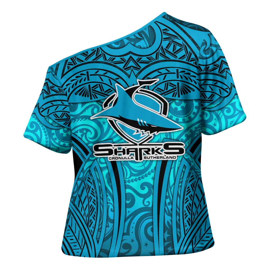 Cronulla Sutherland Sharks Rugby Cross Shoulder Shirt Polynesian Tribal Shark Warrior Ocean Blue Pattern