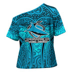 Cronulla Sutherland Sharks Rugby Cross Shoulder Shirt Polynesian Tribal Shark Warrior Ocean Blue Pattern