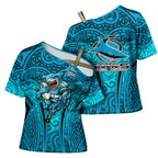 Cronulla Sutherland Sharks Rugby Cross Shoulder Shirt Polynesian Tribal Shark Warrior Ocean Blue Pattern